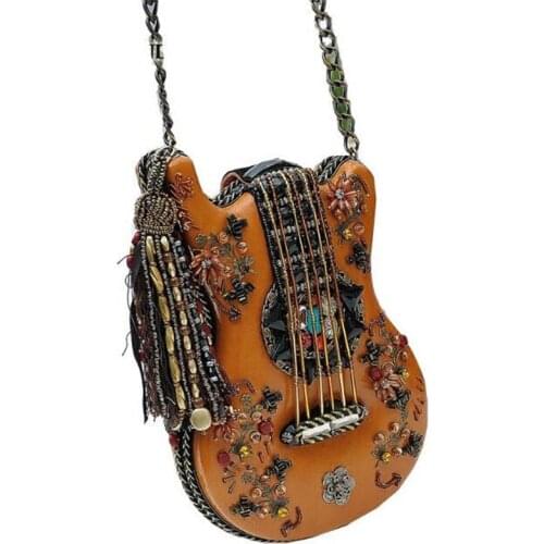 Exquisite handmade musician shaped guitar chain cross body bag womens national style exquisite beading handbag tassel purse