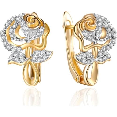 Exquisite Rose Flower Shape CZ Stud Earrings for Women Girls Gold Zirconia Crystal Earring Wedding Party Fine Jewelry Cute Gifts