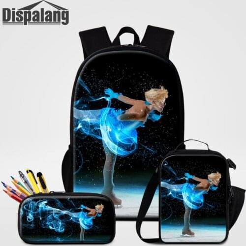 3 pieces Sets Ice Skating Women Backpack with Pencil Bag Large School Bags for Teenager Girls Lunch Cooler Bag Female Travel Bag