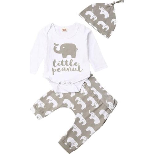 0-24M Newborn Baby Girl Boy Clothes Sets Long Sleeve Romper Elephant Print Pants Hat Outfits