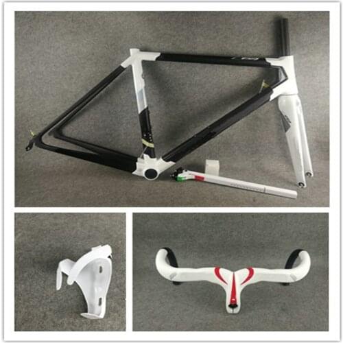 Customize Logo C64 Matt Black Gloss White Italia (PKWH) Road Carbon Bike Frame + White Road Handlebar Carbon Bottle Cages