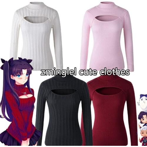 Cute & Sexy HOT Japanese Stripe ANIME Style Open Chest Turtleneck Collar Sweater Cosplay Tops