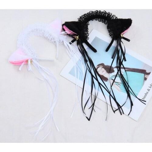 Women Ruffles Silk Headband Cute Plush Cat Ears Ribbon Tassels Bell Decor Hair Hoop Lolita Anime Cosplay Lolita Hair Accessories