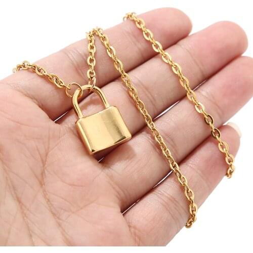New Fashion Jewelry Stainless Steel Gold Color Lock Pendent Necklace Man Women Party Punk Necklace Accessories Birthday Gifts