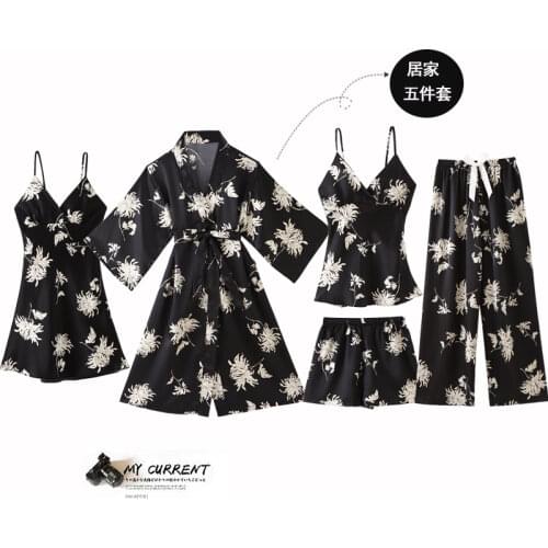 5PCS Sleepwear Female Pajamas Set Satin Pyjamamas Sexy Print Patchwork Bridal Wedding Nightwear Rayon Home Wear Nighty&Robe Suit