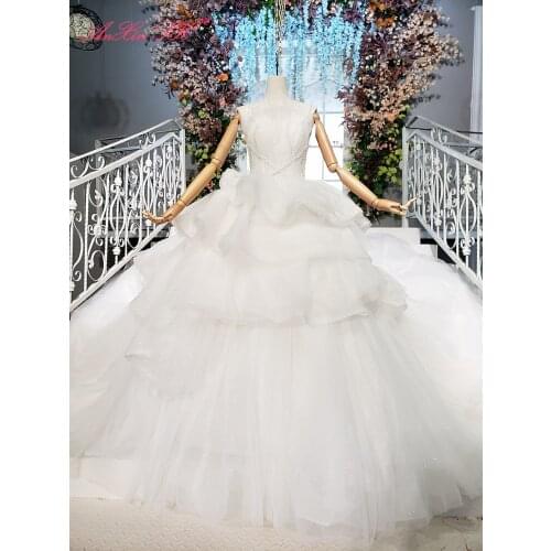 AnXin SH Luxury princess white lace o neck beading crystal sleeve ruffles sparkly bride lace up wedding dress 100% real photo