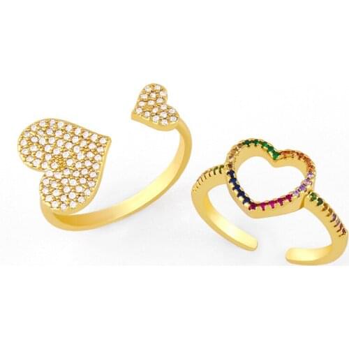 EYIKA Luxury Gold Plated Pave Zircon Two Hearts Open Rings Rainbow Stone Hollow Heart Ring Women Statement Finger Jewelry Gift