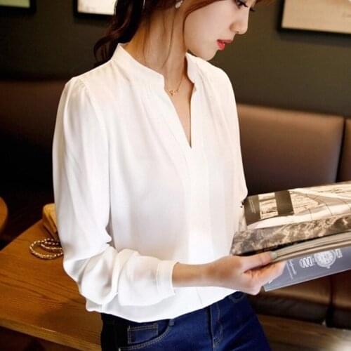 New Hot Selling Spring Autumn Women Fashion V-Neck Stand-Up Collar Chiffon Shirt Long Sleeve Polyester Solid Color