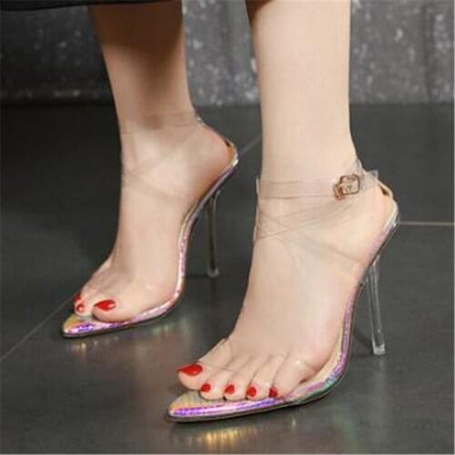 PVC Jelly Sandals Open Toe High Heels Women Transparent Pointed Toe 12CM Thin High Heels Buckle Strap Shallow women shoes