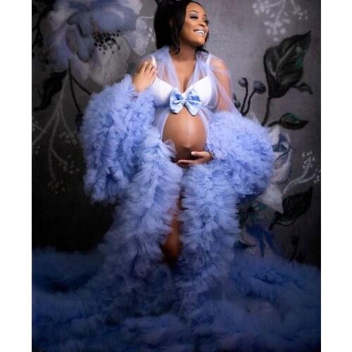 Blue Maternity Dress for Photo Shoot Props Puffy Ruffles Maternity Gowns Photography Costume Prom Wear Women Bathrobe