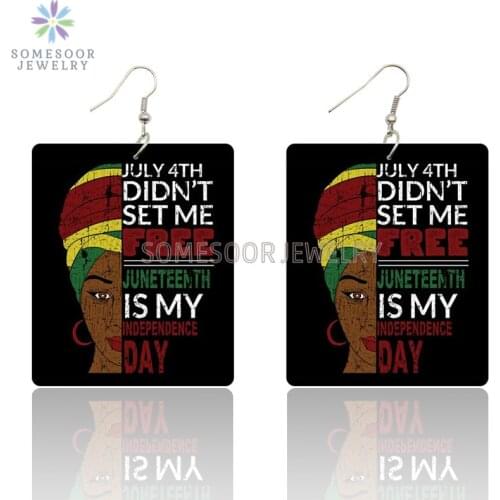 SOMESOOR Black Woman Freedom Art Printed Wooden Drop Earrings Powerful Sayings Afro Large Loops Dangle Jewelry For Women Gifts