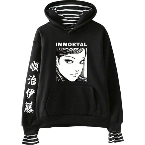 Horror Comic Junji Ito Hoodies Women Men Fake Two Piece Hooded Sweatshirt Harajuku Streetwear Hip Hop Pullover Hooded Jacket