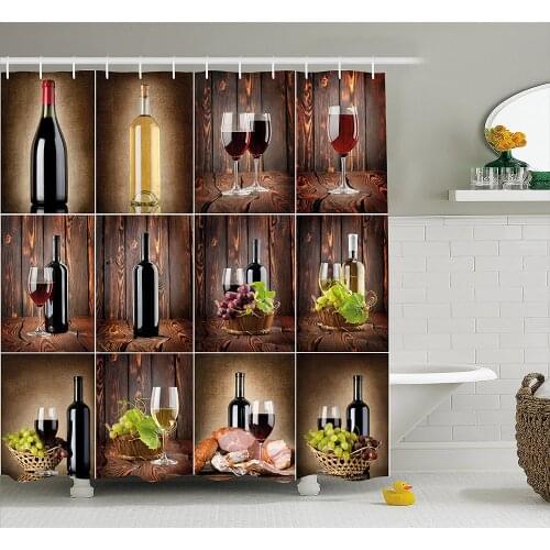 Wine Shower Curtain Wine Themed Collage on Wooden Backdrop with Grapes and Meat Rustic Country Drink Bath Curtain For Bathroom