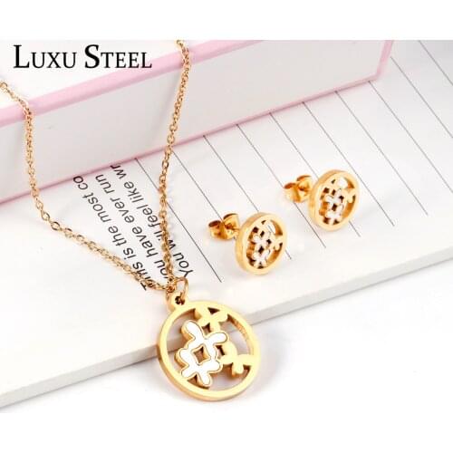 LUXUSTEEL Cute Butterfly Earrings Brinco Wedding Jewelry Sets Stainless Steel Gold Color Flower Pendant Necklace Collars Choker