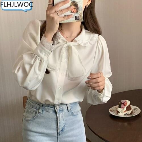 White Lace Bow Tie Tops Cute Sweet Girls Women Peter Pan Collar Loose Single Breasted Button Solid Basic Shirts