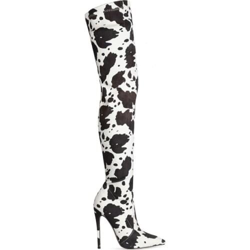 OLOMLB Womens Over The Knee Boots Cow Colors Stretchy Printed Stilettos High Heel Shoes Sexy Warm Winter Plus Size New 2020