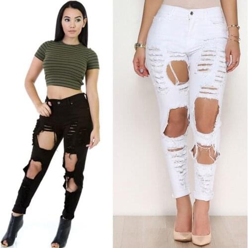 QA927 High waist jeans women tight pocket vintage tear pencil pants hole black slim ripped jeans big size
