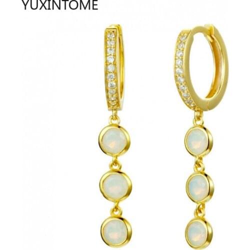 925 Sterling Silver Ear Buckle Opal Dangle Hoop Earrings for Women Geometry Round Moonstone White Opal Earrings Party Jewelry