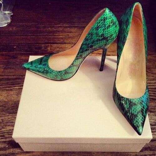 2018 Spring Hot Green Python Leather Women Pointy Toe Pumps Slip On Ladies Sexy High Heels Fashion Party Stiletto Dress Shoes