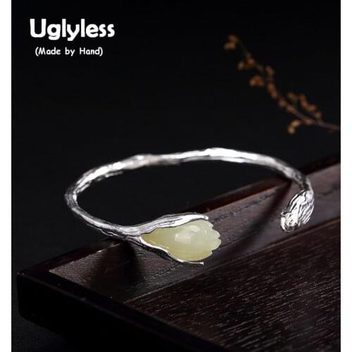 Uglyless Real Solid 925 Sterling Silver Magnolia Handmade Ethnic Bangles for Women Pink Crystal Floral Open Bangle Gems Jewelry