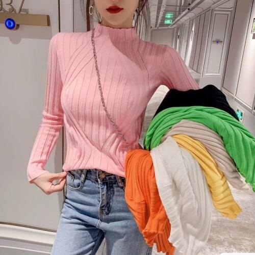 Z Tight Women Sweater Spring Autumn New High Collar Long Sleeve Knitwear Sweater Sweet Slim Sweater Tops Solid Color Sweater