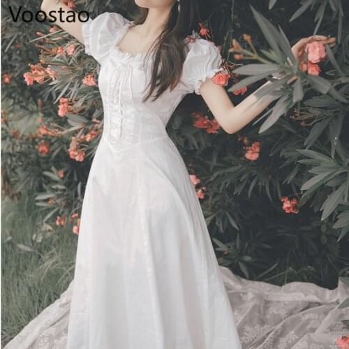 Summer French Chic Fairy Dress Women Gentle Elegant Ruffles Square Collar Bandage Slim Midi Dresses Female Sweet Princess Dress