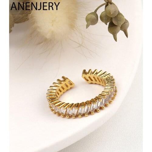 ANENJERY 925 Sterling Silver Oblique Strip Zircon Ring for Women Elegance Simplicity Open Ring Jewelry Gift S-R1029