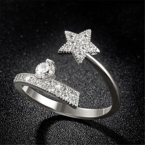 Creative Simplicity Design Star Crystal Silver Color Ring Resizable Open Women Ring Romantic Valentines Day Jewelry Gifts