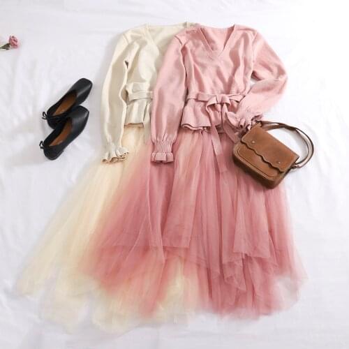 Women Autumn Flare Sleeve Patchwork Mesh Gauze Bandage Strap Knitted Bow Dress Vintage Elastic Slim Tulle Voile Party Midi Dress