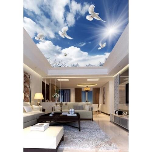 1825 Blue Sky with Flying Pigeons towards sun Printing stretch ceiling film for workshop ceiling decoration