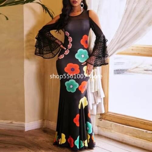 African Clothes for Women 2021 Fall Flare Sleeve Floral Print Africa Maxi Dress Bodycon Rich Bazin Fishtail Dress African Female