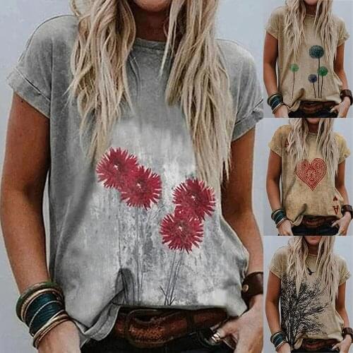 Womens Harajuku Round Neck T-shirt Casual Valentines Day Unique Heart Shaped Faded T-shirt Loose Short Sleeve Summer Tops S-5XL