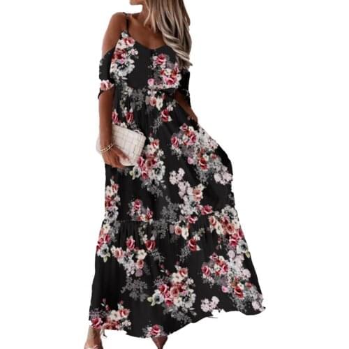 50% Hot Sales Bohemian Women Dress Low Cut Cold Shoulder Short Sleeves Floral Print Maxi Dress for Cocktail