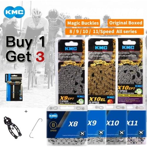 KMC X8 X9 X10 X11 Speed Bike Chain 8 9V 10 S MTB Mountain Road Hollow Ultralight Gold Silver For SRAM Bicycle Part Magic Buckle