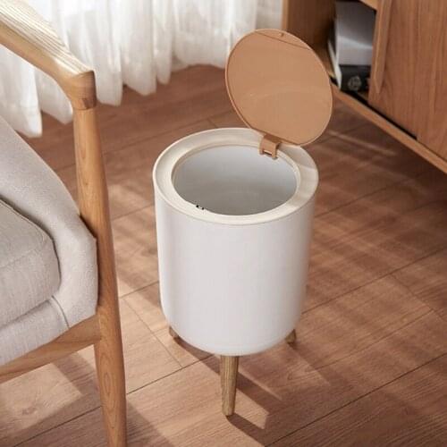 Creative Wooden Trash Can with Lid Press Garbage Rubbish Bin High Foot Waste Container Organizer Bathroom Kitchen Decoration