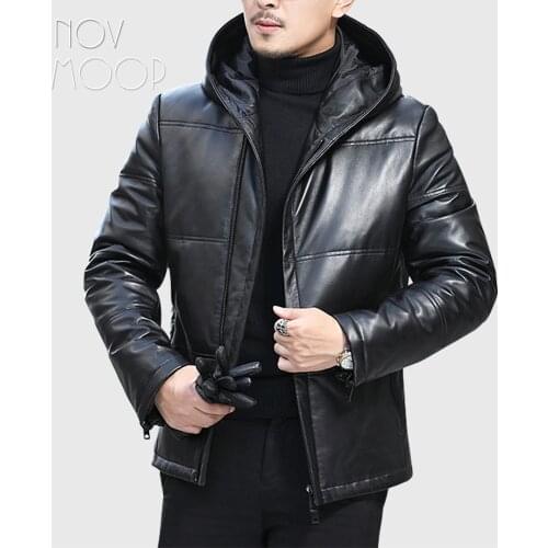 Novmoop Canada chic style men winter black sheepskin genuine leather hooded down coat thick jacket erkek montlar abrigos LT2979