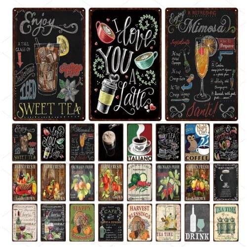 Metal Tin Signs Retro Coffee Juice Drink Vegetables Plates Farm Fresh Restaurant Kitchen Home Decoration Plaque Iron Painting