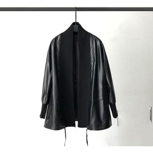 2021 Autumn New Leather Womens Long Knit Stitching Cardigan Sheepskin Windbreaker Casual Coat