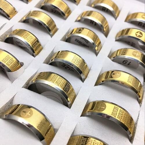 Wholesale bulk lots 36pcs Cross Jesus rings fashion religion golden mens Bible Etching engraving stainless steel male jewelry