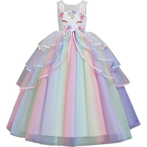 Rainbow Unicorn Dress Girls Elegant Flower Unicorn Princess Cosplay Halloween Kids Girls Birthday Party Dress for Photo Shoot