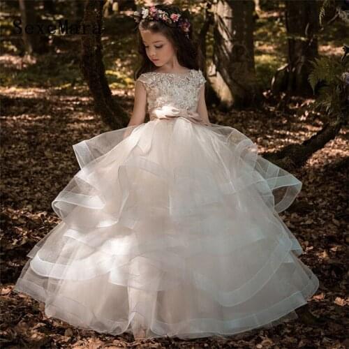 Flower Girls Dresses for Wedding Lace Applique Ball Gowns Floor Length Pageant Gown Girls First Communion Dresses