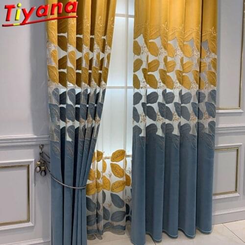 Hollow Yellow/Brown Leaves Embroidery Tulle Curtains for Living Room Coffee Embossed Leaves Window Drapes for Bedroom #VT