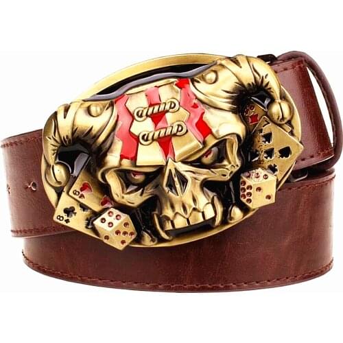 Wild Mens leather belt Joker Poker card metal buckle belts demon clown skull exaggerated style belt hip hop waistband
