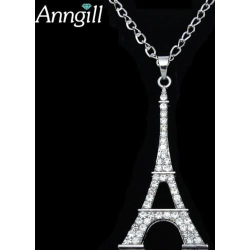 Romantic Love Eiffel Tower Crystal Pendant Necklace Silver Color Long Necklace Sweater Necklace Women Boutique Fashion Jewelry