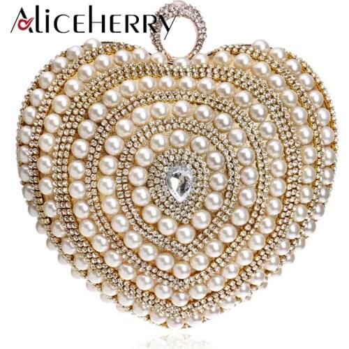 Luxury Heart Shaped Finger Ring Handbag Diamonds Purse Clutch Chain Shoulder Pearl Women Messenger Beaded Weeding Banquet Bag
