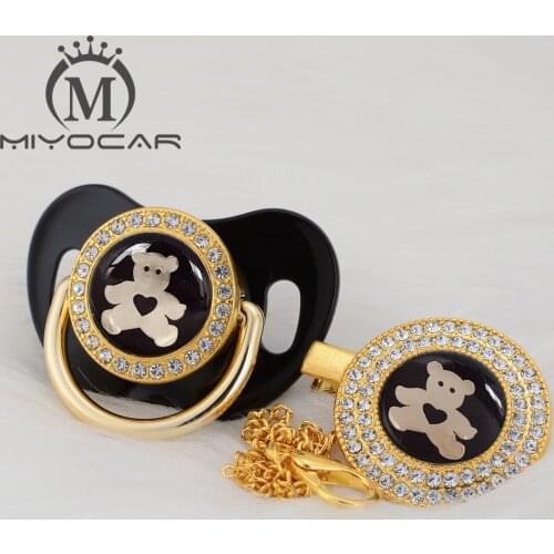 MIYOCAR Gold silver lovely bear Gold bling pacifier and pacifier clip BPA free dummy bling unique design BPA free safe GBEAR