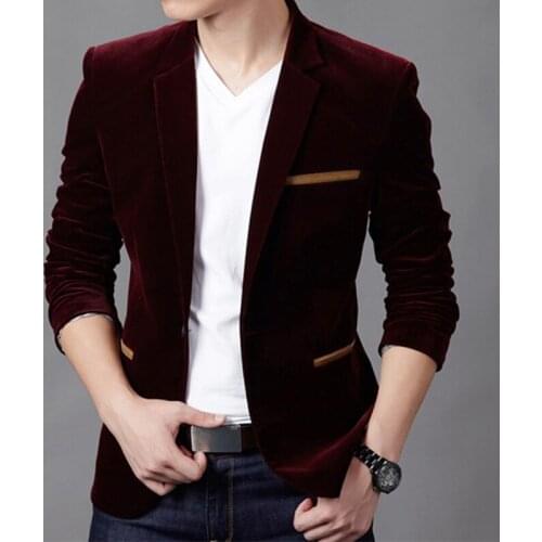 Wine Red Velvet Mens Notch Lapel Blazer Britishs Style Casual Slim Fit Suit Jacket Male Blazers Men Coat Jacket