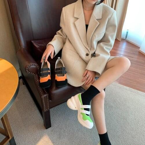 Vintage Mary Jane shoes womens new round-toe trifle thick-soled big-toe color matching shallow mouth one word buckle single sho