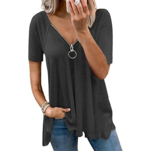 2021 Shirt Tops Sexy Fashion Women Shirt Spring Summer Women Sexy Solid Color Short Sleeve Zipper V-neck Hollow Blouse