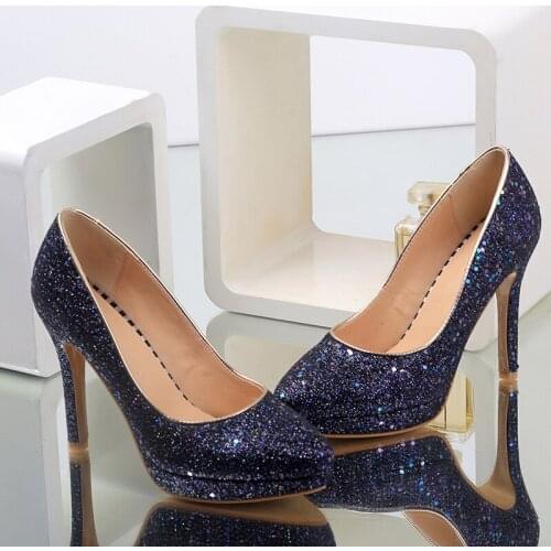 AGDOR Blue Glitter High Heels Shoes For Women Platfom Pointed Toe Stiletto Pumps New Fashion Sequins Party Wedding Shoes Bridal